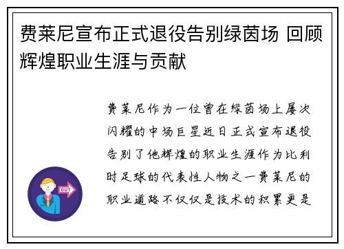 费莱尼宣布正式退役告别绿茵场 回顾辉煌职业生涯与贡献